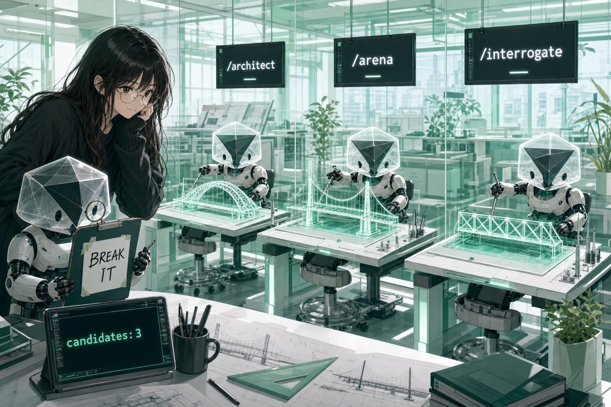 三个机器人在各自的桌子上起草互相竞争的桥梁模型，头顶是 /architect、/arena 和 /interrogate 面板。一个夹着写字板的裁判机器人正在怀疑地检查。