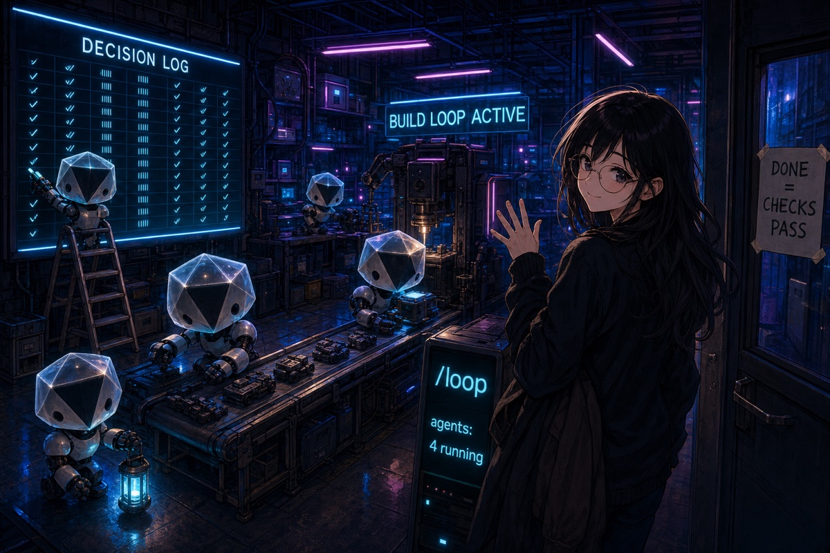 她在门口挥手道晚安，机器人继续运转工厂。一台机器人在 BUILD LOOP ACTIVE 牌子下，更新写着 DECISION LOG 的墙板。